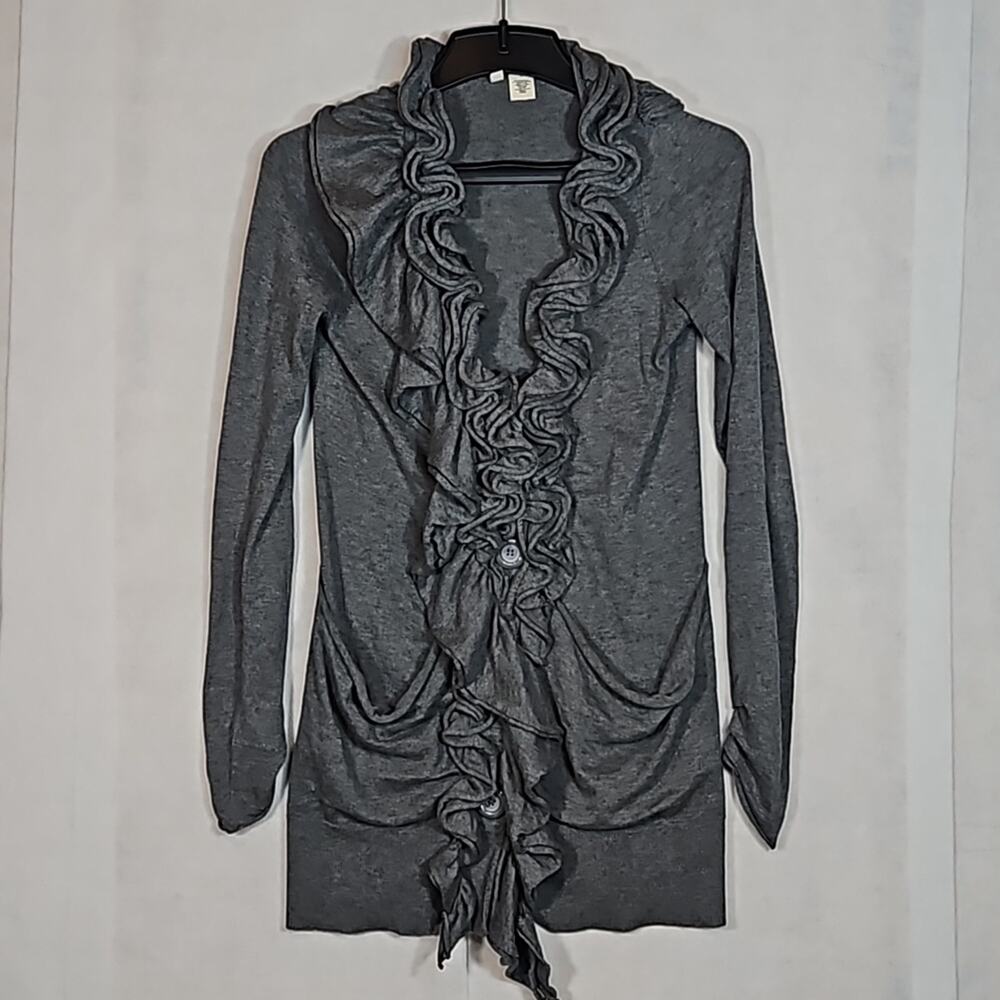 Anthropologie Moth Gray Ruffle Front Long Cardigan Sweater Cashmere Blend Medium